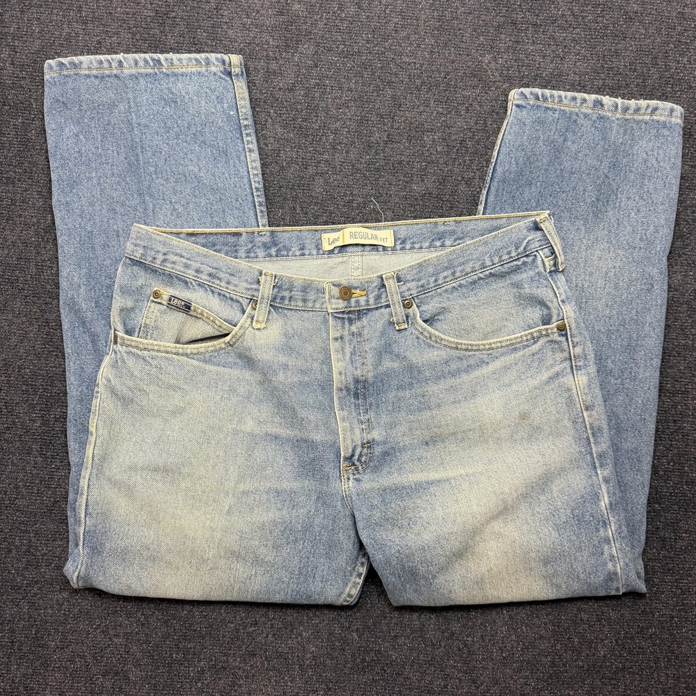 Lee Regular Fit Jeans Mens 35x28 Light Wash Blue Denim Straight Leg Casual